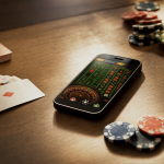 Spielkarten, Chips und ein Smartphone mit Casino-App auf einem Tisch, warmes Licht