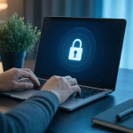 Hände auf einer Laptop-Tastatur mit Schloss-Symbol auf dem Bildschirm, dezente blaue Beleuchtung